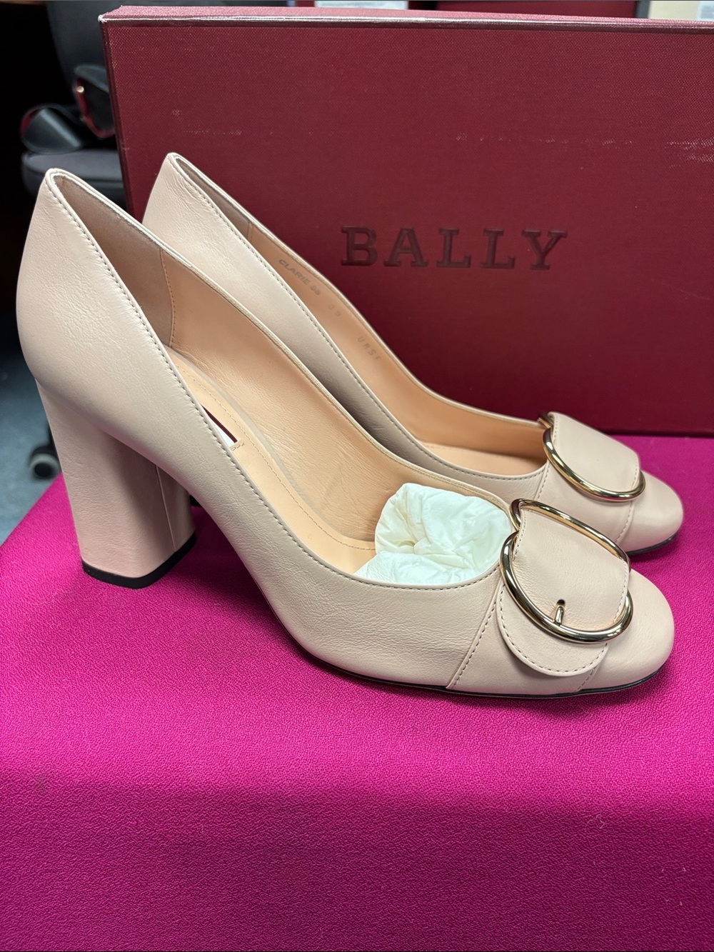 Bally Nude Leather Block Heel Pumps with Gold Buckle